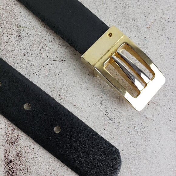 Vintage Spain Art Deco Leather Belt Black Gold Buckle Classic Elegant Minimalist - Picture 5 of 9